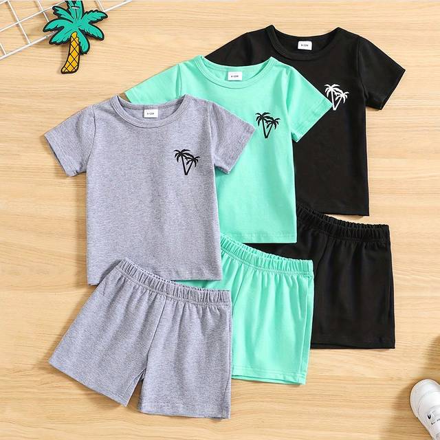 SHEIN 3sets Young Boy Casual Summer Outfits, Coconut Tree Graphic Short Sleeve T-Shirt And Shorts Sets