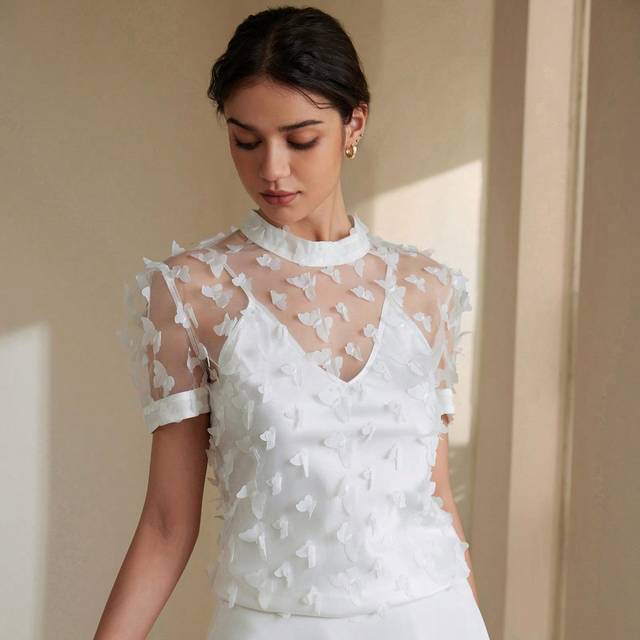 Aveloria Charming Butterfly Floral Lace Stand Collar Sheer Mesh Short Sleeve Blouse