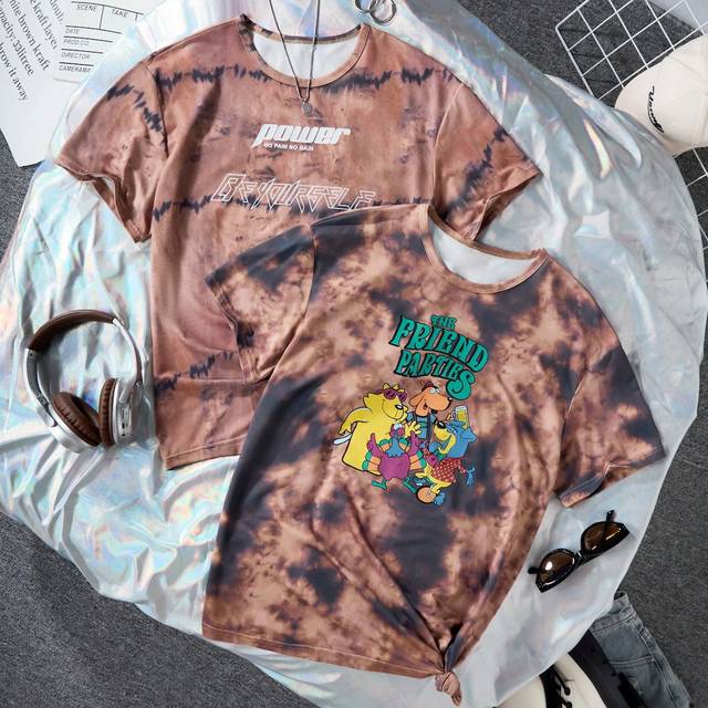 SHEIN Teen Girls&#39; Summer Tie-Dye Street Style Vintage Casual Fashion Cartoon Printed T-Shirt, 2pcs