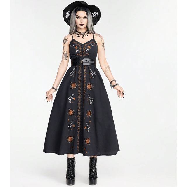 ROMWE Dark Vintage Gothic Star & Moon Embroidered Women Cami A-Line Dress For Summer