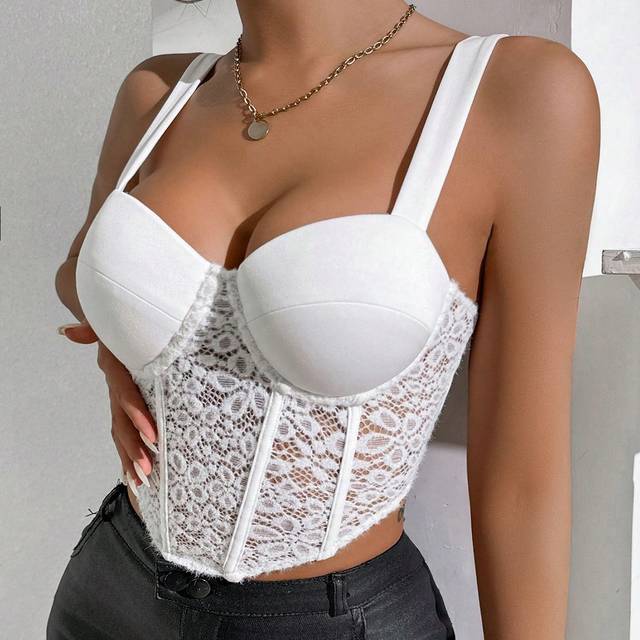 Allurite Women&#39;s Hollow Lace Bustier Fishbone Cup Tank Top  Women Tank Tops White Women Tops Back To School Clothes Fall Women Clothes