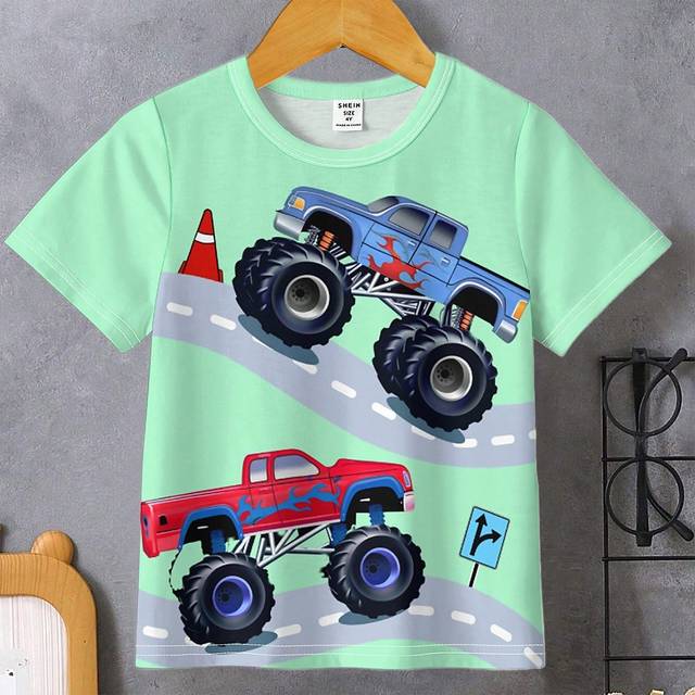 SHEIN Monster Truck And Young Boy Casual Simple Car Print Short Sleeve Round Neck T-Shirt, Suitable For Summer
