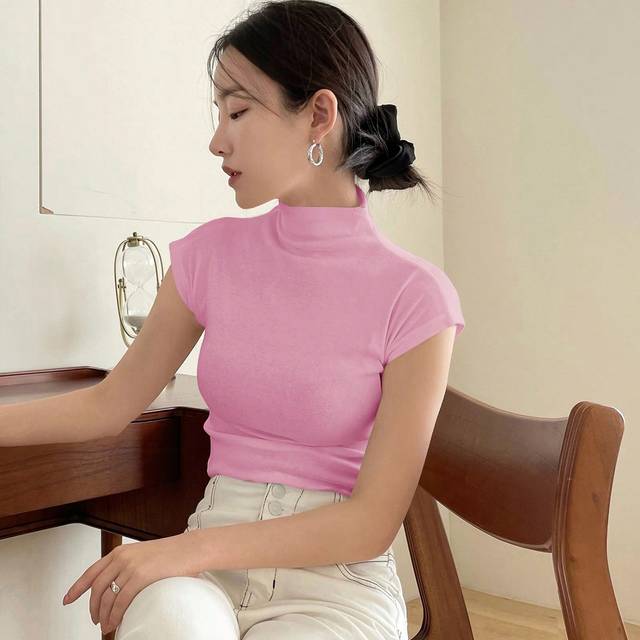 DAZY Women&#39;s Solid Color High Neck Casual Summer T-Shirt