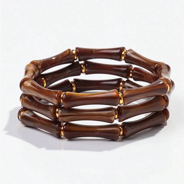 SHEIN 3pcs/Set Acrylic Green Marble Patterned & Bamboo Bead Stacking Bracelets, Suitable For Women&#39;s Daily Wear