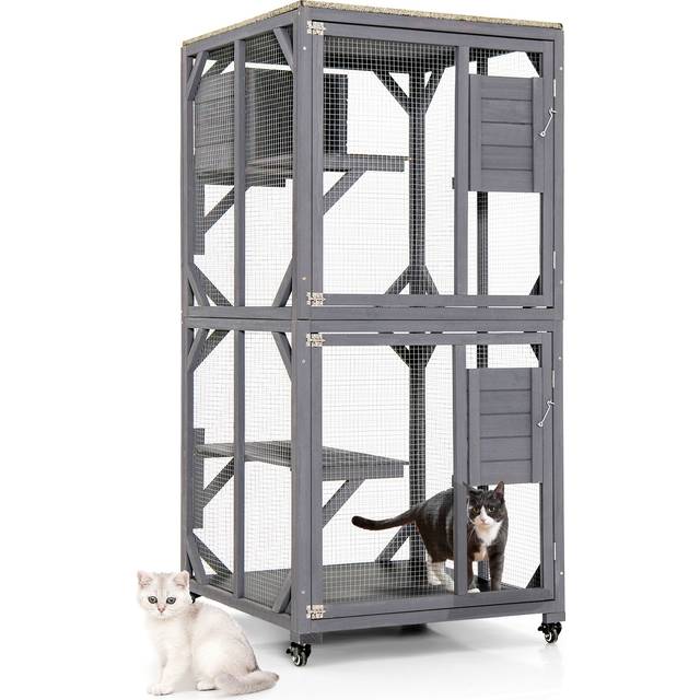 Wooden Cat House with Asphalt Roof and Large Front Door-Grey