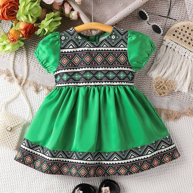 SHEIN Baby Girls&#39; Summer Fashionable Geometric Pattern Vintage Style Dress