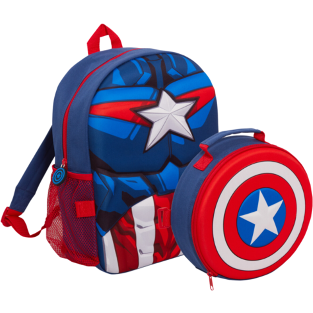 Captain America-ryggsäck med avtagbar lunchväska, hållare för vattenflaska, pojkar, matchande 2-delat set, tillbaka till skolan, BLÅ, en storlek