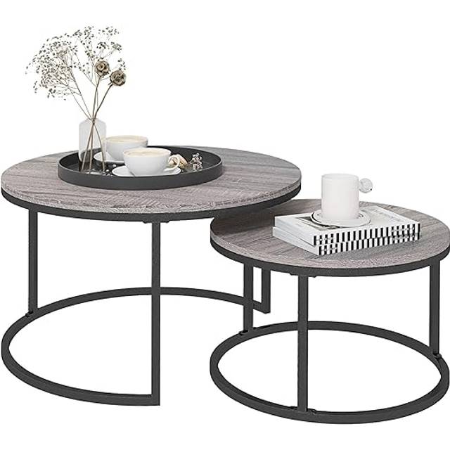 HOMCOM 2 Pcs Stacking Coffee Table Set Steel Frame Wood Effect Top Foot Pads | TJ Hughes