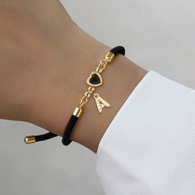 SHEIN 1pc New Fashion Pave Zirconia Initial Heart Adjustable Rope Bracelet For Women Valentines