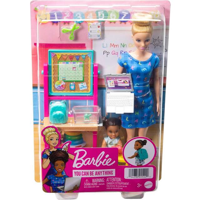 Barbie-lärardocka (blond), barndocka (brunhårig), vändbar tavla, bärbar dator, ryggsäck, barnskrivbord, sköldpaddan, en utmärkt present för barn från 3 år, HCN19