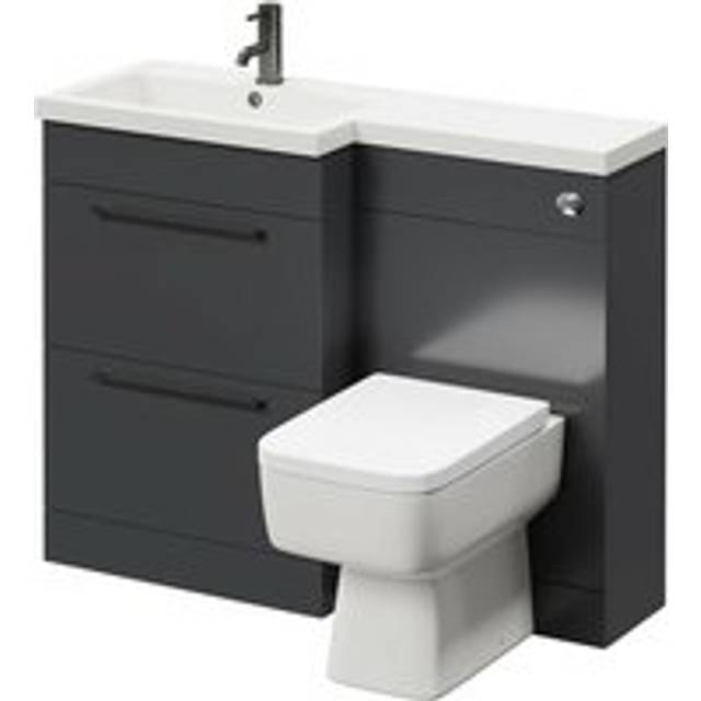 Napoli 390 Combination Vanity Unit Toilet Suite with Left Hand L Shaped 1 Tap Hole Basin and 2 Drawers with Gunmetal Grey Handles | Gloss Grey | Plastic | 1100mm