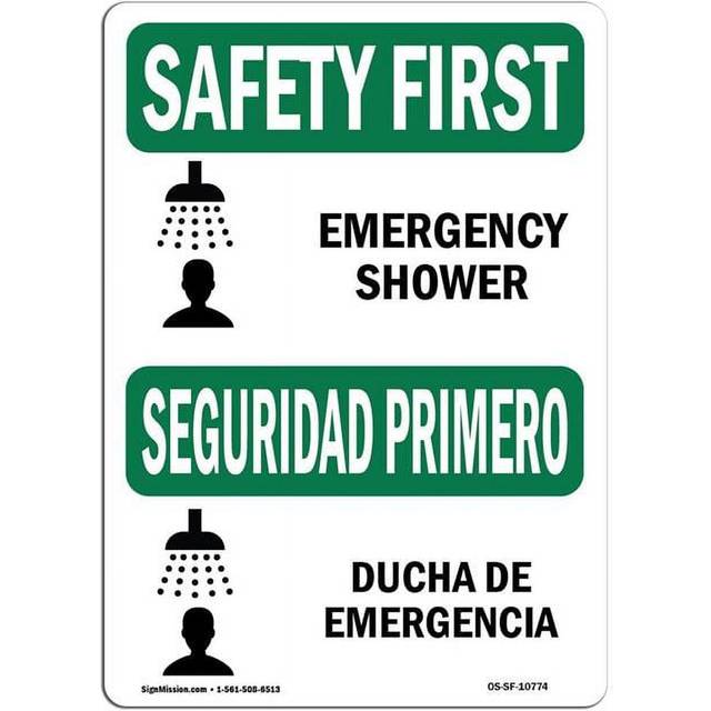 SignMission OS-SF-A-1218-L-10774 12 x 18 in. OSHA Safety First Sign - Emergency Shower Bilingual