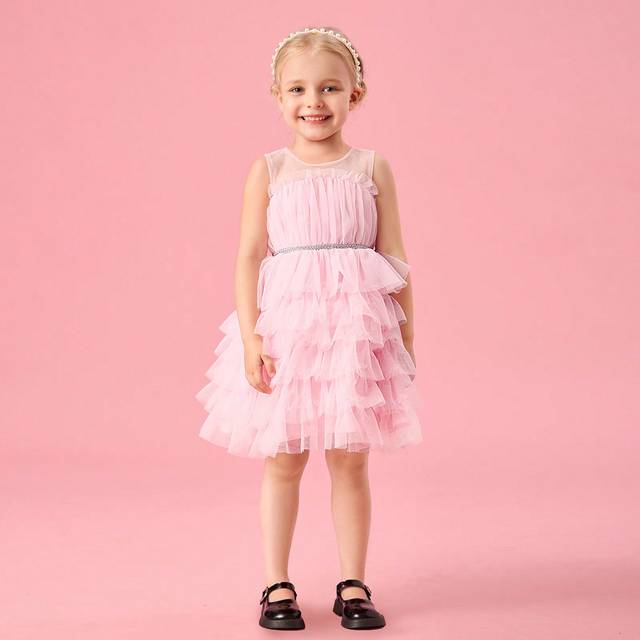 SHEIN Girls&#39; Elegant Illusion Shoulder Puff Ball Gown Dress For Birthday Party Holiday Flower Girl Wedding