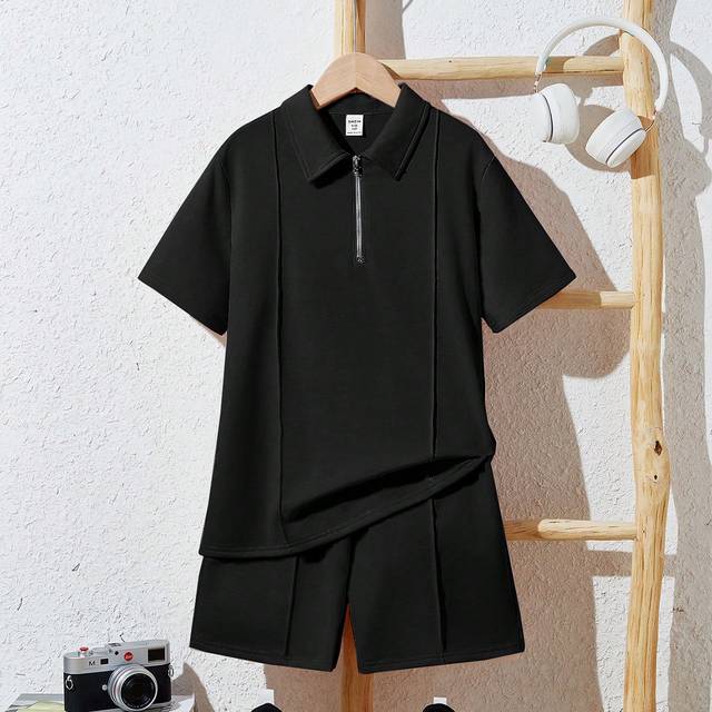 SHEIN Tween Boy Loose Casual Turn Down Collar Knitted Solid Short Sleeve Polo Shirt And Shorts Two Pieces Set
