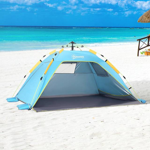 SHEIN Outsunny 2 Man Pop-Up Tent Beach Tent Sun Shelter W/ Windows Doors Hook Sandbags UV Protection Waterproof Outdoor Adventure Garden