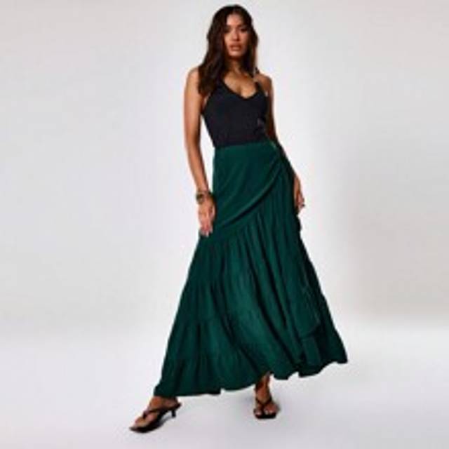 Sommar Elegant Solid volangfåll Maxikjol Spring - Olivgrön (L,M,S,XS)