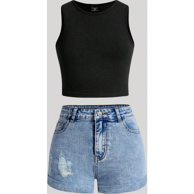 SHEIN Tween Girl Spring Summer Boho 2 Pieces Solid Tank Top& Stonewashed Distressed Ripped Rolled Up Hem Denim Jeans Shorts Set With Slant Pocket,Summer Gir