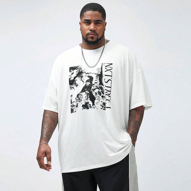 Manfinity Manfinity NXTstreet Men&#39;s Plus Size Casual Knit Loose Short Sleeve T-Shirt Featuring Wu Song Fighting With The Tiger Pattern, Suitable For Summer