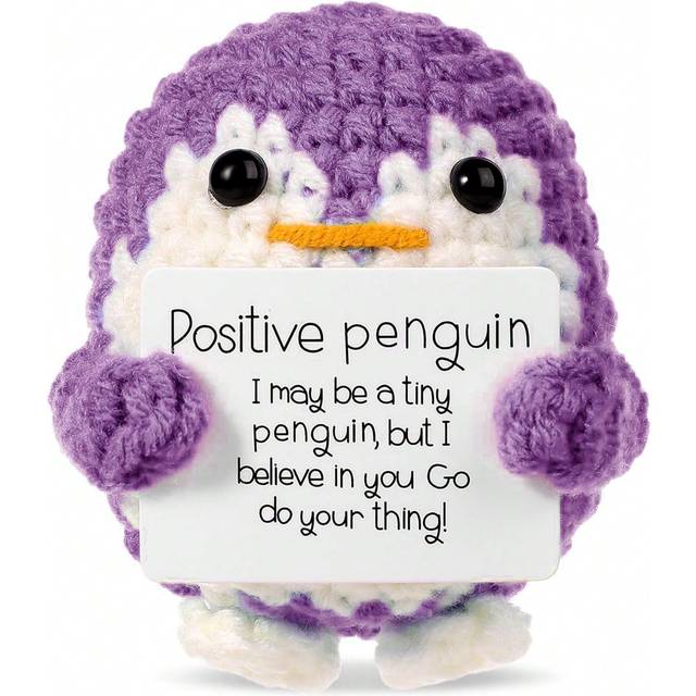 SHEIN Positive Penguin Decorative Ornaments, 2.6 Inch Funny Potato Knitted Penguin Ornaments With Positive Card Woolen Cute Positive Penguin Crochet Decorat