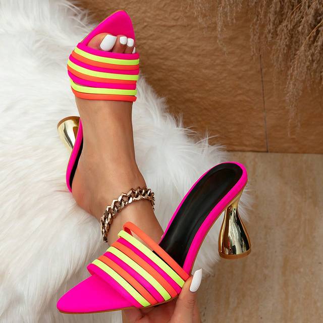 SHEIN Women&#39;s Brand Pointed Toe Pyramid Decorated High Heel Mules, Multicolor, For Glamorous Party