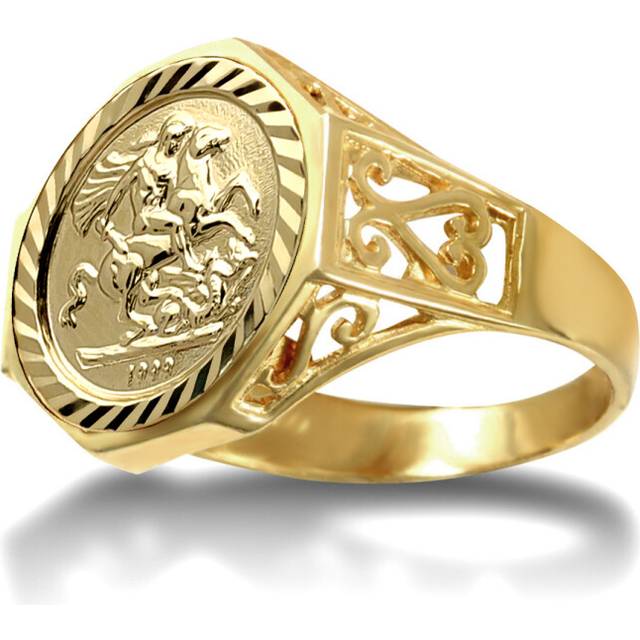 (N) Jewelco London Men's Solid 9ct Gold Octagon Scroll St George & Dragon Medallion Ring (10th Ounce Brittania Coin Size) - JRN179-T-SG