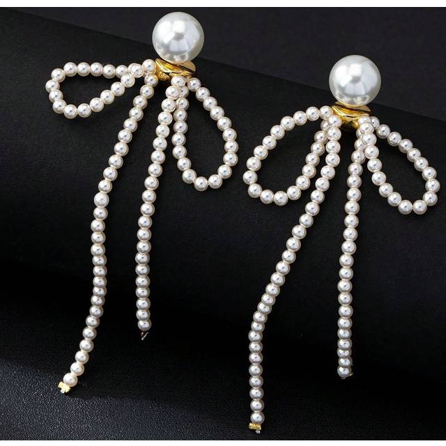 SHEIN 1 Pair 18K Gold Plated, Fashion, Versatile, Daily-Wear Earrings With Glass Pearl, Tassel And Bow Design, Elegant Earrings For Women, Suitable For Banq