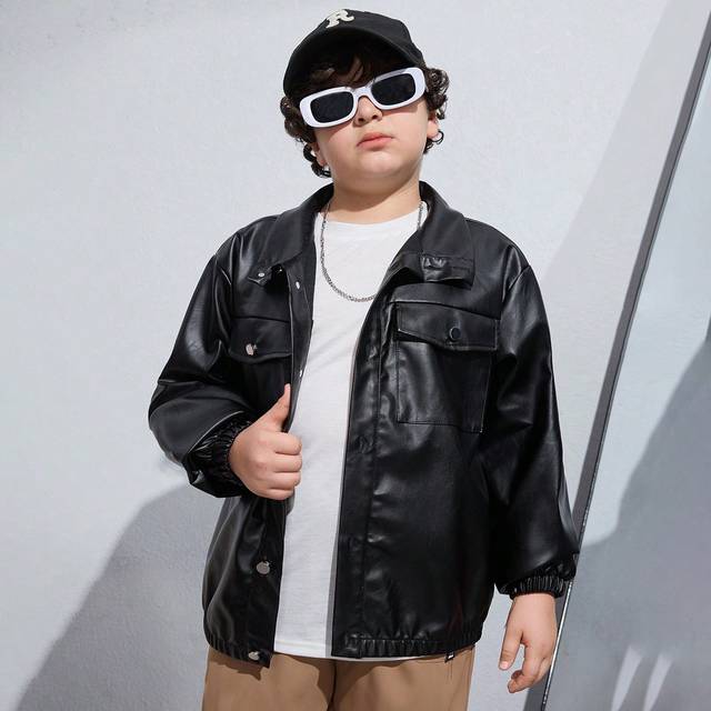 SHEIN Tween Boys Extended Size Street Style Leather Jacket Coat
