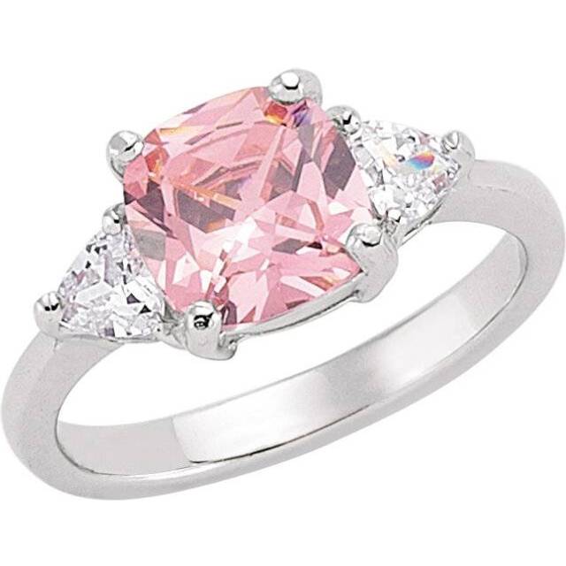 (N) Jewelco London Ladies Rhodium Sterling Silver Pink Cushion Triangle CZ Shoulder-Set 4 Claw Solitaire Engagement Ring