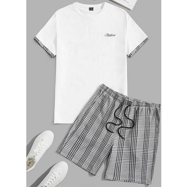 Manfinity Men Letter Graphic Short Sleeve Tee & Plaid Shorts Set, Vintage
