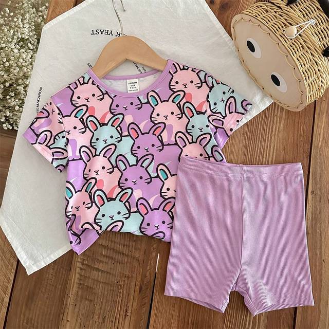 SHEIN Baby Girl Cute Knitted Casual Cartoon Pattern Short Sleeve T-Shirt And Elastic Waist Solid Color Shorts Set, Suitable For Summer