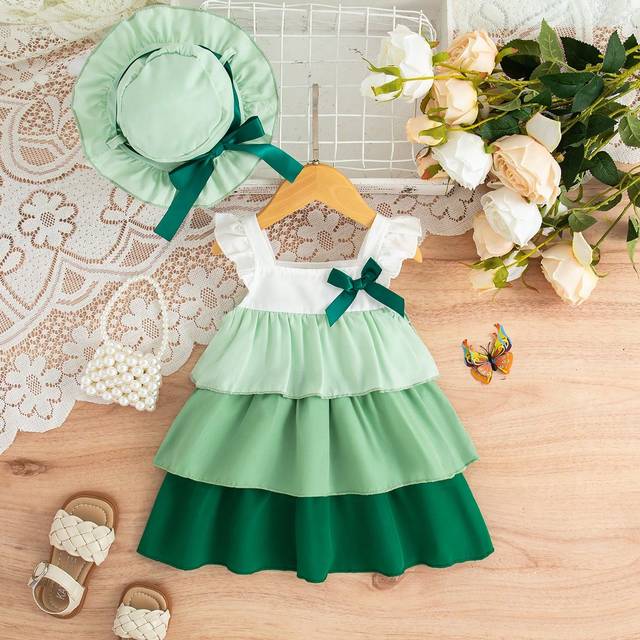 Souflis Baby Girl Summer Sweet Color Block Ruffle Hem Dress With Bow Decoration And Hat