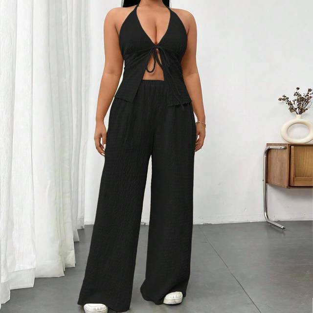 Rustia Plus Size Solid Textured Halter Neck Backless Tie Front Split Top And Pants Set