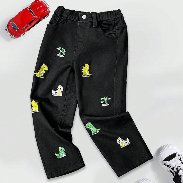 SHEIN Young Boy Black Casual Fashionable Cute Dinosaur Embroidered Wide-Leg Pants All Cotton Design Comfortable Baggy Boy Jeans For Vacation And Dailywear C