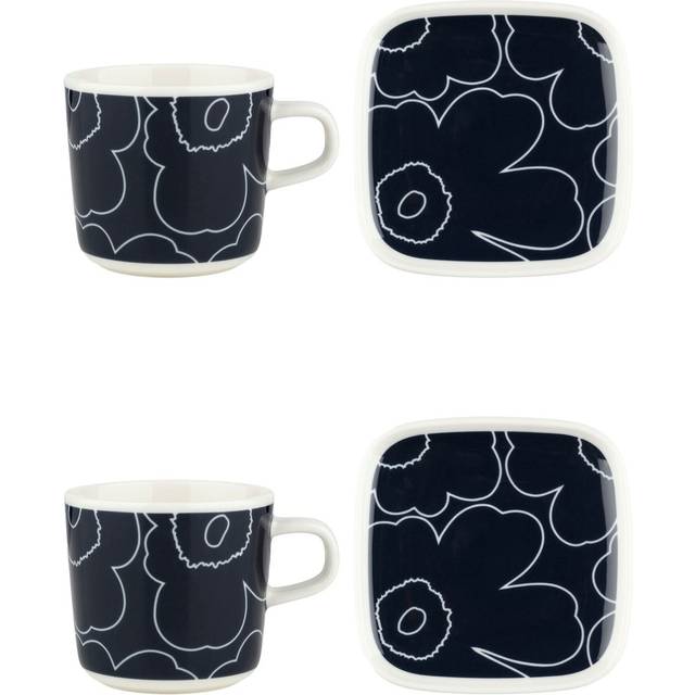Marimekko Piirto Unikko cup and saucer set 20 cl 4 pieces White-dark blue