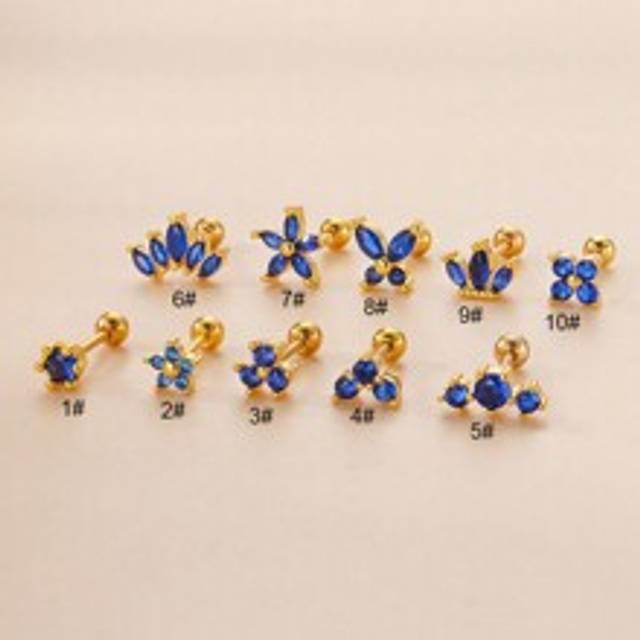 1 st Blue Flower Crown Butterfly Ear Stud Ben Skruv Rostfritt stål Piercing Stud Örhänge För Kvinnor Mode Smycken Present Alla hjärtans dag - blå diamant (En-Storlek)