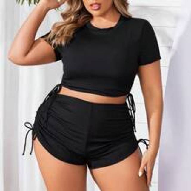 Plus Size Dam Sommar Strand Mode Solid Dragstring Side Tankini Set - Svart (0XL,1XL,2XL,3XL,4XL)