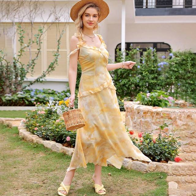 Aveloria Women&#39;s French Style Asymmetric Ruffle Spaghetti Strap Dress With Random Yellow Tie-Dye Floral Print And Ruffle Trim
