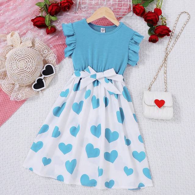 SHEIN Tween Girls&#39; Heart Pattern Belted Round Neck Dress