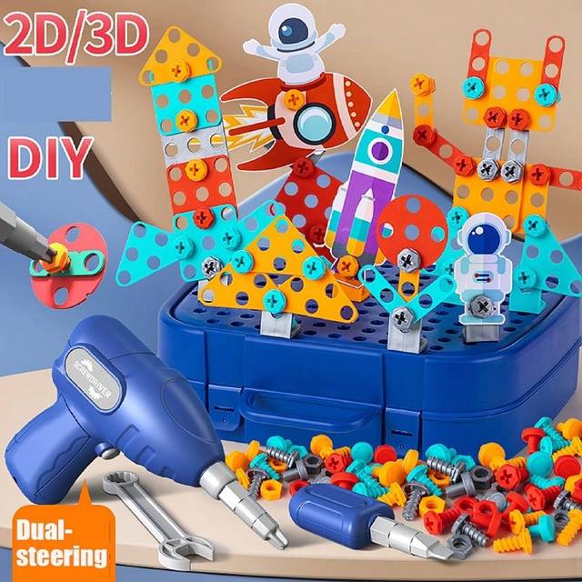 SHEIN 230pcs/228pcs Children Tool Toys Set Simulated 3D DIY Puzzle Toys Electric Drill Screw Nuts Pretend Play 2D/3D Creative Astronaut Tool Set Toys Buildi