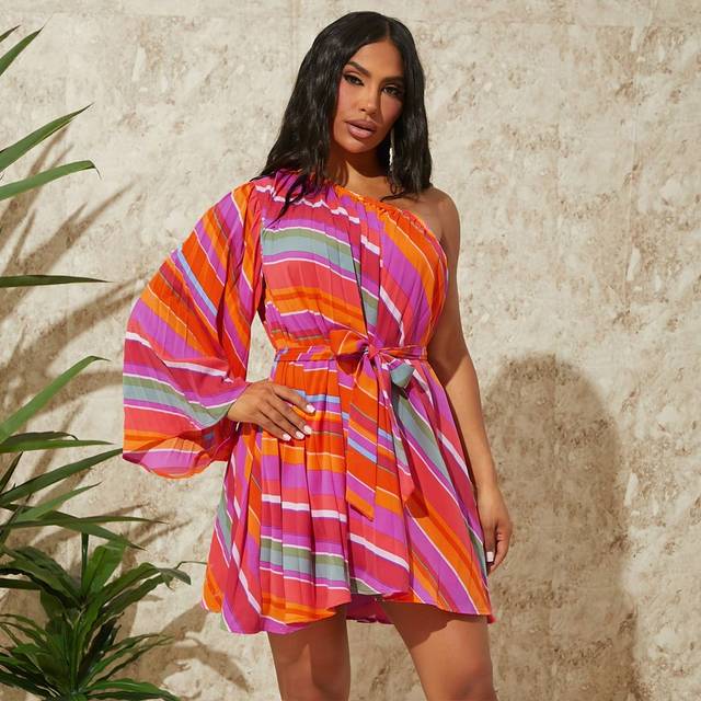 SHEIN One Shoulder Belted Mini Dress With Chevron Pattern And Short Sleeves