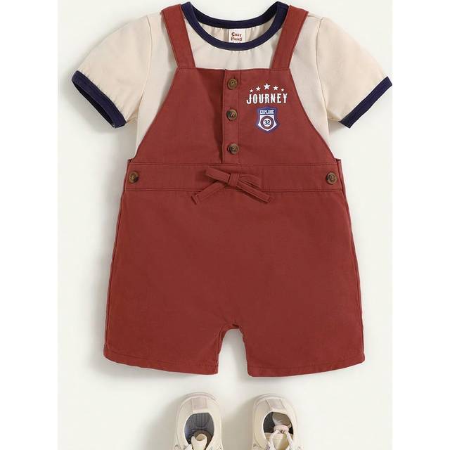 Cozy Pixies 2pcs Baby Boy&#39;s Color Block Soft Knit Crew Neck Pullover Top And Bib Shorts Set