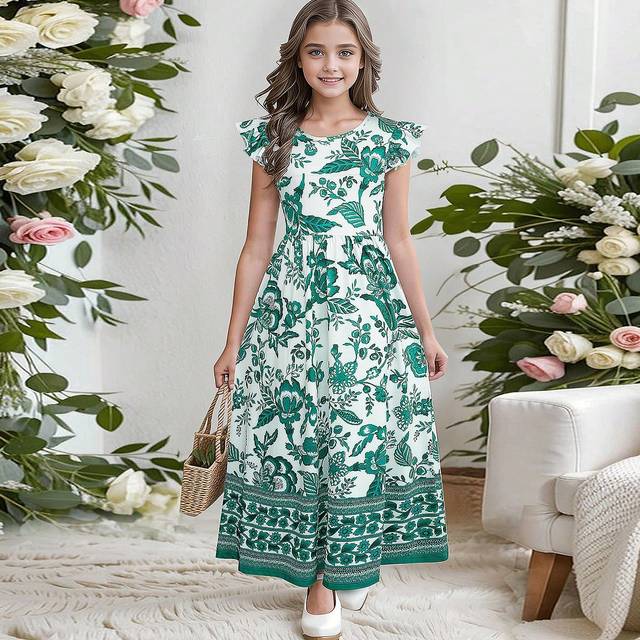 Kilottor Tween Girl Bohemian Style Floral Printed Cap Sleeve Dress With A Holiday Vibe