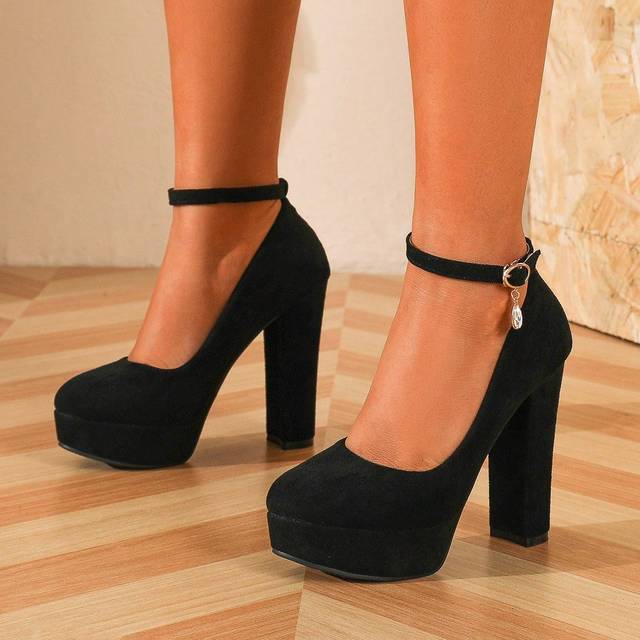 SHEIN Women&#39;s Fashion High Heel Pumps With Buckle Design, Round Toe, 5 Inch Chunky Heel, Waterproof Platform, Versatile, Black, Size 12.5cm