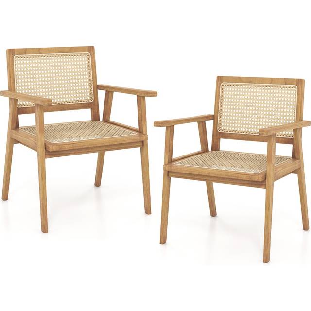 Costway Teak Wood Rattan Dining Chair - Cream - Single