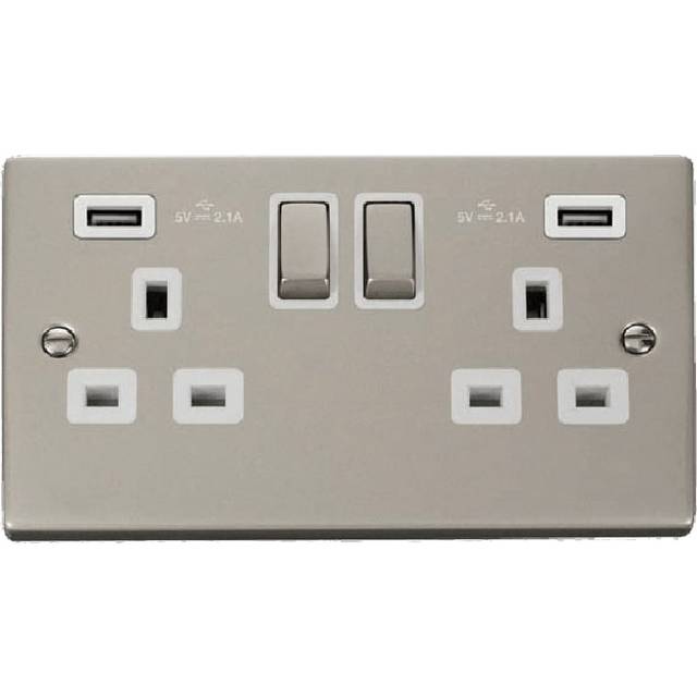 Click Deco 13A Ingot 2G Switched Socket With Twin USB 4.2A Outlets Pearl Nickel Insert White
