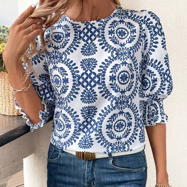 SHEIN Mid-Length Blue & White Rural Pattern Printed Round Neck Women&#39;s Blouse For Early Autumn Women Blouses Teacher Clothes Women Vintage Clothes Blue Shir