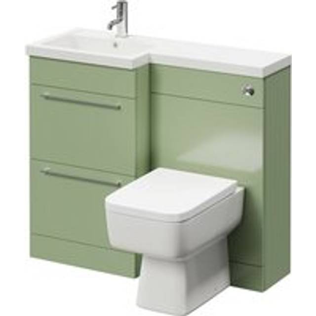 Napoli Combination Vanity Unit Toilet Suite with Left Hand L Shaped 1 Tap Hole Basin and 2 Drawers with Polished Chrome Handles | Olive Green | MDF | 1000mm