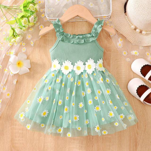SHEIN Baby Girls&#39; Summer Cute Daisy Print Mesh Ruffle Hem Strap Splice Daisy Lace Mesh Dress