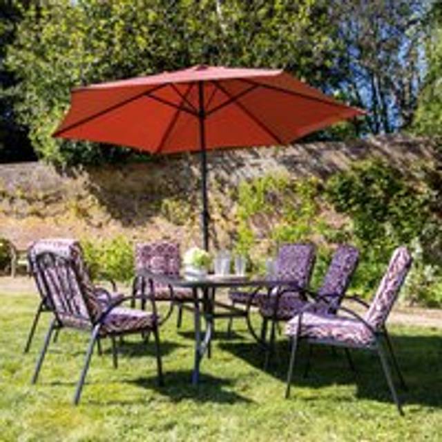 6 Seater Dining Set with Reversible Cushions and Parasol in Wine - One Size