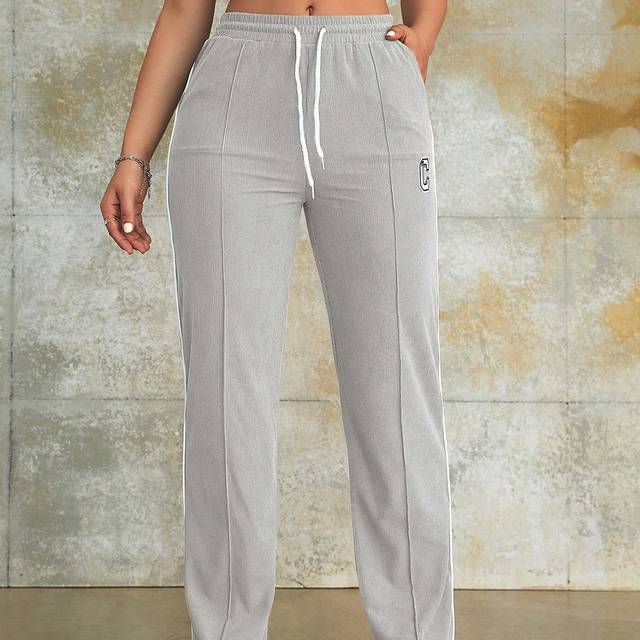 SHEIN Street Grey Elastic Drawstring High Waist Letter Pattern Corduroy Slant Pocket Wide Leg Cargo Pants Daily Casual Comfy Trousers